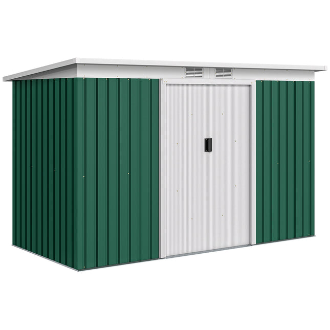 9ft Metal Garden Storage Shed with Double Sliding Doors and Ventilation - Deep Green