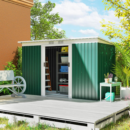 9ft Metal Garden Storage Shed with Double Sliding Doors and Ventilation - Deep Green
