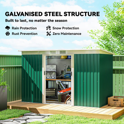9ft Metal Garden Storage Shed with Double Sliding Doors and Ventilation - Deep Green