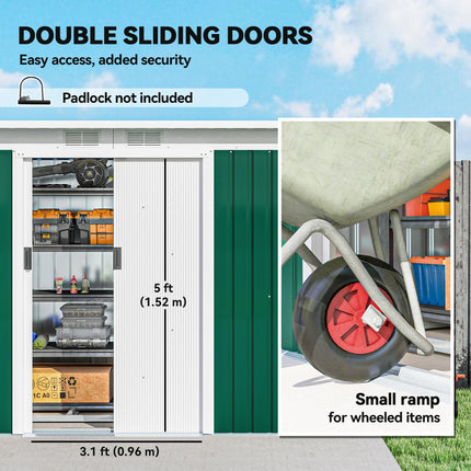 9ft Metal Garden Storage Shed with Double Sliding Doors and Ventilation - Deep Green