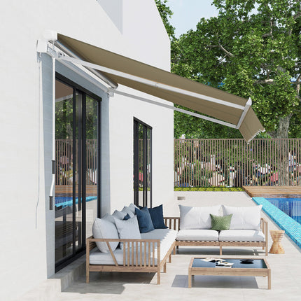 Manual Retractable Patio Awning 2.5m Width with Adjustable Shade - Beige and White