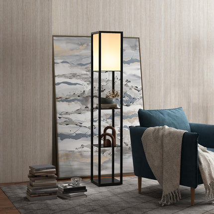 Modern 4-Tier Shelf Floor Lamp with Soft Light and Storage - Black & White