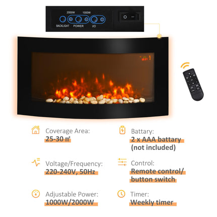 Led Wall Mounted Fireplace Curved Glass Electric Fire Place Fire Place 7 Colour