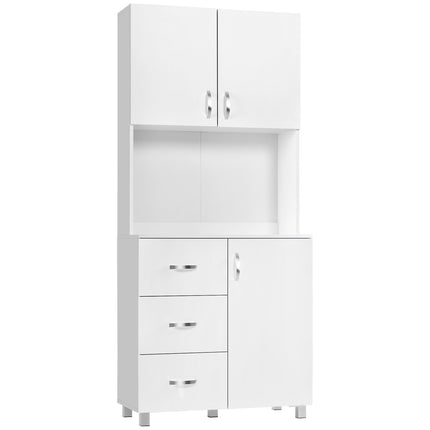 Free Standing Kitchen Cabinet with 2 Cupboards, 3 Drawers & Open Shelf Adjustable Height Storage Unit - White