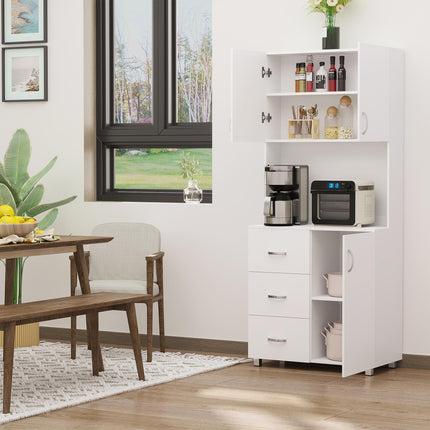 Free Standing Kitchen Cabinet with 2 Cupboards, 3 Drawers & Open Shelf Adjustable Height Storage Unit - White