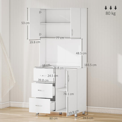 Free Standing Kitchen Cabinet with 2 Cupboards, 3 Drawers & Open Shelf Adjustable Height Storage Unit - White