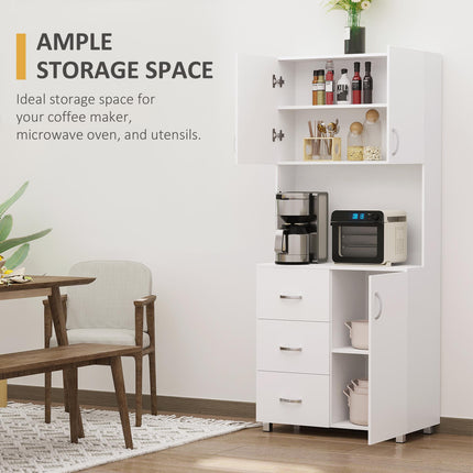 Free Standing Kitchen Cabinet with 2 Cupboards, 3 Drawers & Open Shelf Adjustable Height Storage Unit - White