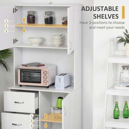 Free Standing Kitchen Cabinet with 2 Cupboards, 3 Drawers & Open Shelf Adjustable Height Storage Unit - White