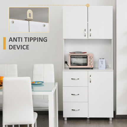 Free Standing Kitchen Cabinet with 2 Cupboards, 3 Drawers & Open Shelf Adjustable Height Storage Unit - White
