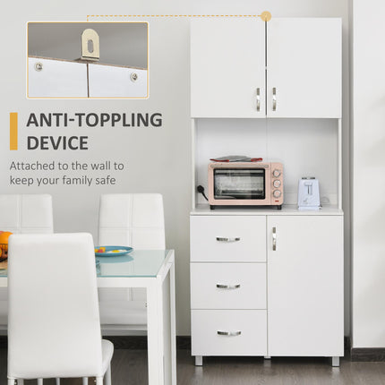 Free Standing Kitchen Cabinet with 2 Cupboards, 3 Drawers & Open Shelf Adjustable Height Storage Unit - White