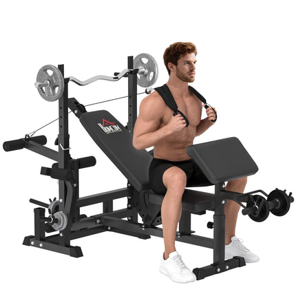 Multi-Exercise Full-Body Weight Rack with Bench Press, Leg Extension, Chest Fly & Preacher Curl - Black