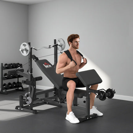 Multi-Exercise Full-Body Weight Rack with Bench Press, Leg Extension, Chest Fly & Preacher Curl - Black