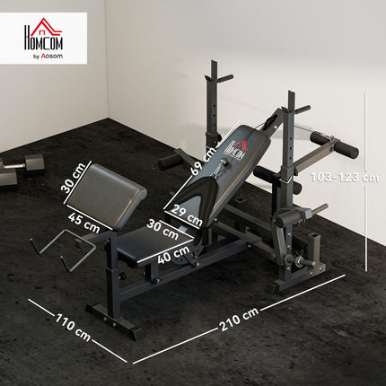 Multi-Exercise Full-Body Weight Rack with Bench Press, Leg Extension, Chest Fly & Preacher Curl - Black