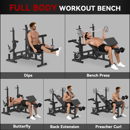 Multi-Exercise Full-Body Weight Rack with Bench Press, Leg Extension, Chest Fly & Preacher Curl - Black