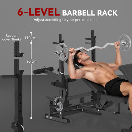 Multi-Exercise Full-Body Weight Rack with Bench Press, Leg Extension, Chest Fly & Preacher Curl - Black