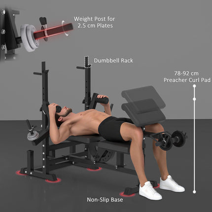 Multi-Exercise Full-Body Weight Rack with Bench Press, Leg Extension, Chest Fly & Preacher Curl - Black