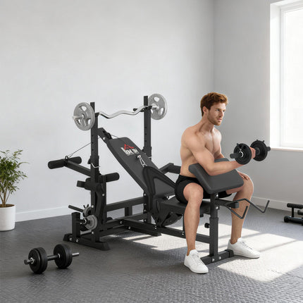 Multi-Exercise Full-Body Weight Rack with Bench Press, Leg Extension, Chest Fly & Preacher Curl - Black