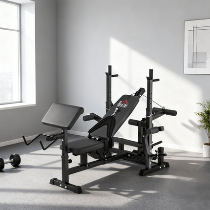 Multi-Exercise Full-Body Weight Rack with Bench Press, Leg Extension, Chest Fly & Preacher Curl - Black