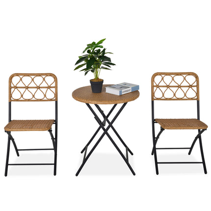 2 Seater Foldable Rattan Wicker Bistro Set, Coffee Table and Chairs, Natural