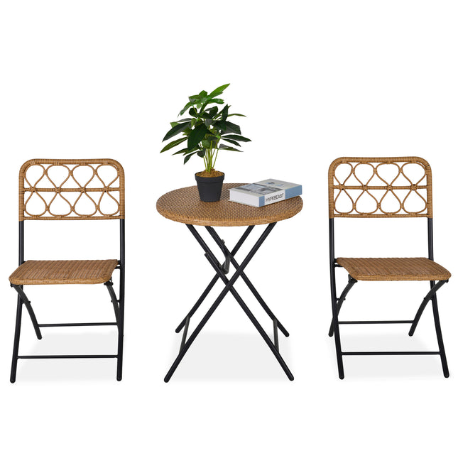 2 Seater Foldable Rattan Wicker Bistro Set, Coffee Table and Chairs, Natural