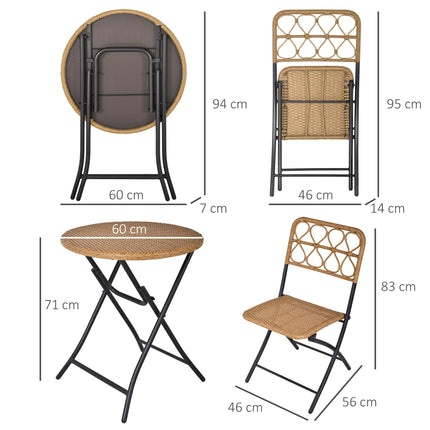2 Seater Foldable Rattan Wicker Bistro Set, Coffee Table and Chairs, Natural