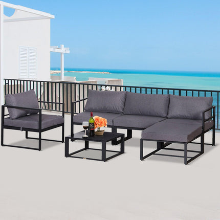 6 Piece Outdoor Sectional Sofa Set with Thick Cushions and Aluminium Frame - Grey