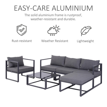 6 Piece Outdoor Sectional Sofa Set with Thick Cushions and Aluminium Frame - Grey