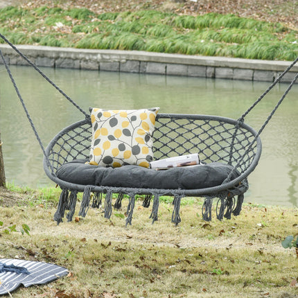 Large Hanging Hammock Chair Cotton Rope Porch Swing with Metal Frame and Cushion - Dark Grey