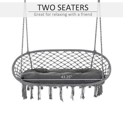 Large Hanging Hammock Chair Cotton Rope Porch Swing with Metal Frame and Cushion - Dark Grey