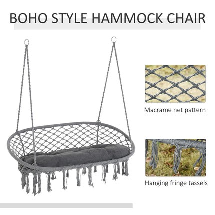 Large Hanging Hammock Chair Cotton Rope Porch Swing with Metal Frame and Cushion - Dark Grey