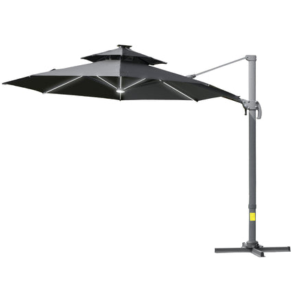 3 Metre Cantilever Parasol with Solar Lights and Power Bank - Grey
