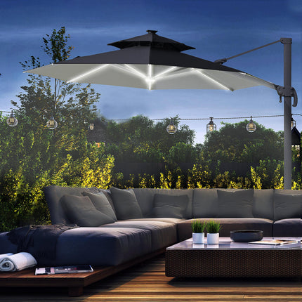 3 Metre Cantilever Parasol with Solar Lights and Power Bank - Grey