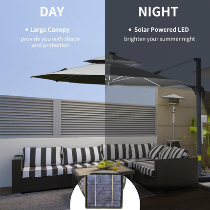 3 Metre Cantilever Parasol with Solar Lights and Power Bank - Grey
