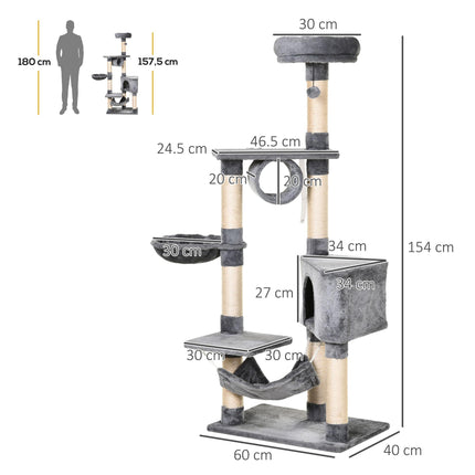 Cat Tree Condo Tower 150CM Multi-level Activity Stand with Toys & Scratching Posts - Grey