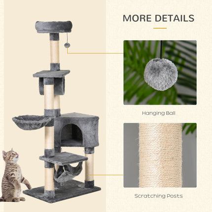 Cat Tree Condo Tower 150CM Multi-level Activity Stand with Toys & Scratching Posts - Grey