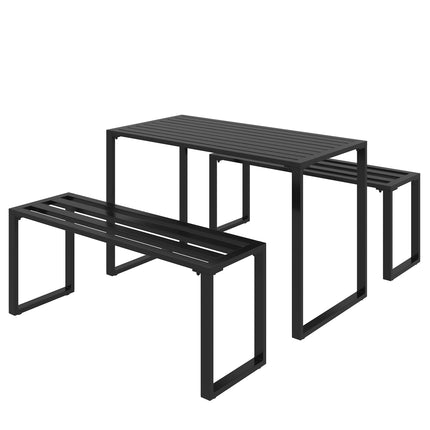 3 Piece Outdoor Metal Dining Set with Slatted Benches - Black