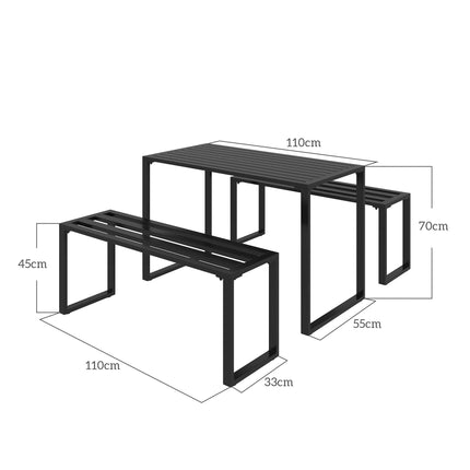 3 Piece Outdoor Metal Dining Set with Slatted Benches - Black