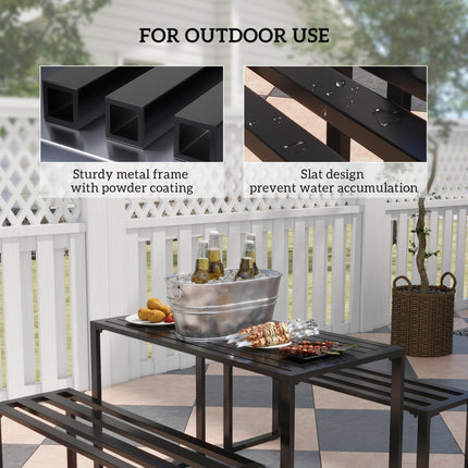 3 Piece Outdoor Metal Dining Set with Slatted Benches - Black