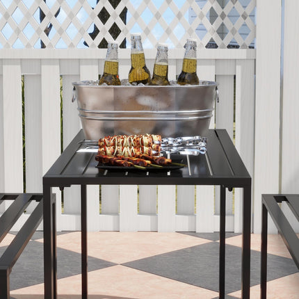 3 Piece Outdoor Metal Dining Set with Slatted Benches - Black
