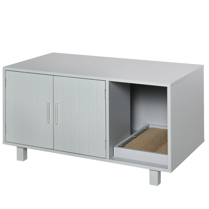 Wooden Cat Litter Box Enclosure with Scratcher & Magnetic Doors, Nightstand Design - Grey