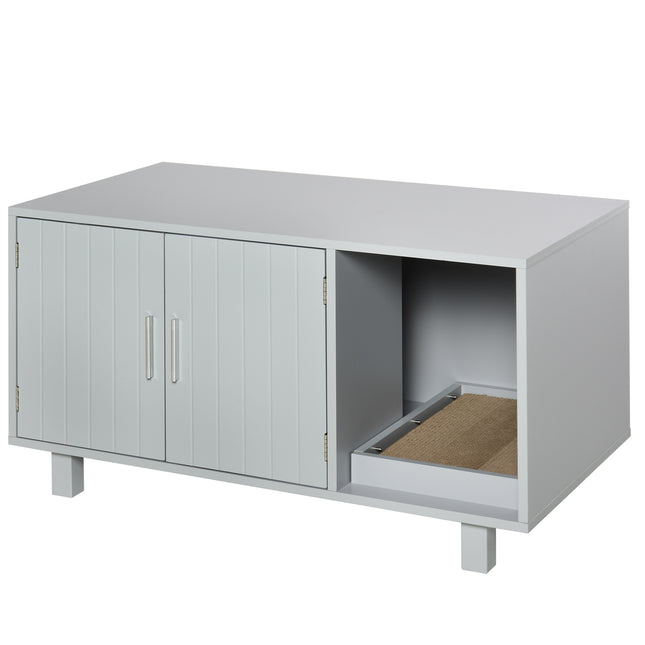 Wooden Cat Litter Box Enclosure with Scratcher & Magnetic Doors, Nightstand Design - Grey