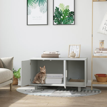 Wooden Cat Litter Box Enclosure with Scratcher & Magnetic Doors, Nightstand Design - Grey