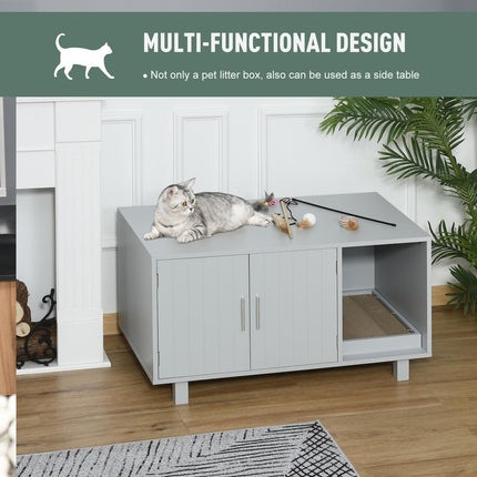 Wooden Cat Litter Box Enclosure with Scratcher & Magnetic Doors, Nightstand Design - Grey