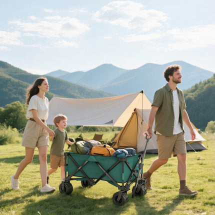 Folding Outdoor Cargo Wagon Cart with Telescopic Handle - Green
