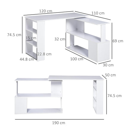 Corner Computer Desk, L Shaped Desk with 360° Rotating Bookshelf, 120L x 110W x 74.5H cm, White