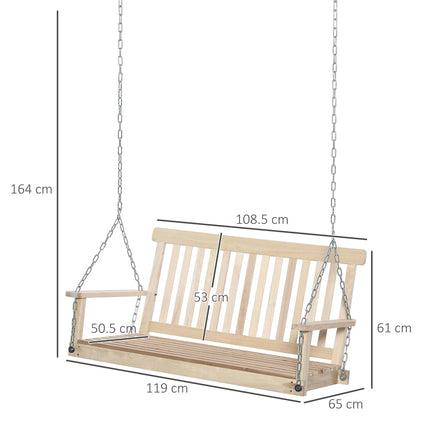 2 Seater Wooden Garden Swing Chair with Galvanised Steel Chains - Natural