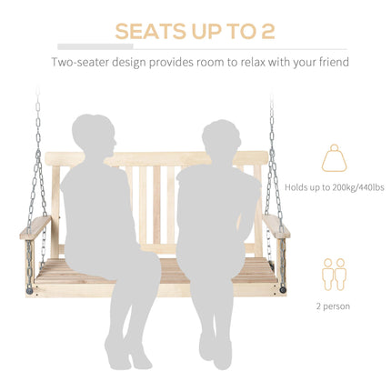 2 Seater Wooden Garden Swing Chair with Galvanised Steel Chains - Natural