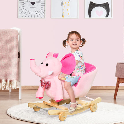 2-in-1 Plush Baby Ride-On Elephant Rocking Horse with Wheels and 32 Songs - Pink