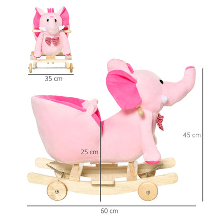 2-in-1 Plush Baby Ride-On Elephant Rocking Horse with Wheels and 32 Songs - Pink