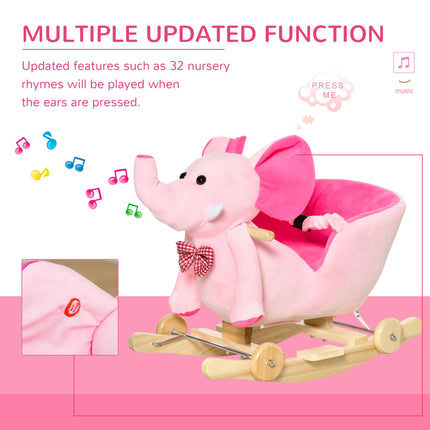 2-in-1 Plush Baby Ride-On Elephant Rocking Horse with Wheels and 32 Songs - Pink